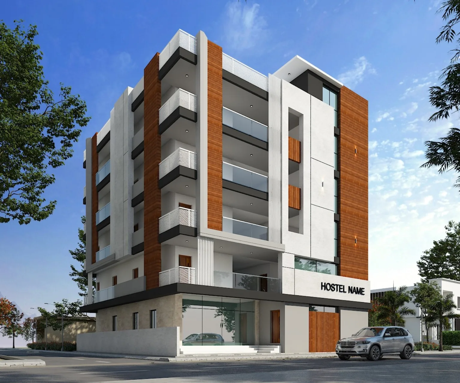 Architectural concept rendering of the planned AS HOSTEL exterior in Visakhapatnam
