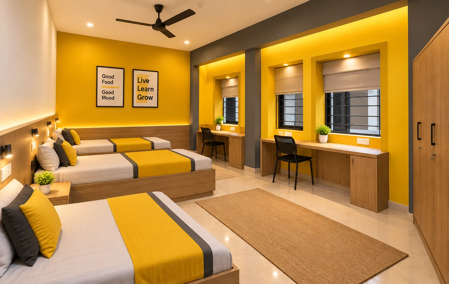 Indicative yellow-and-grey room design concept, not a completed room photograph