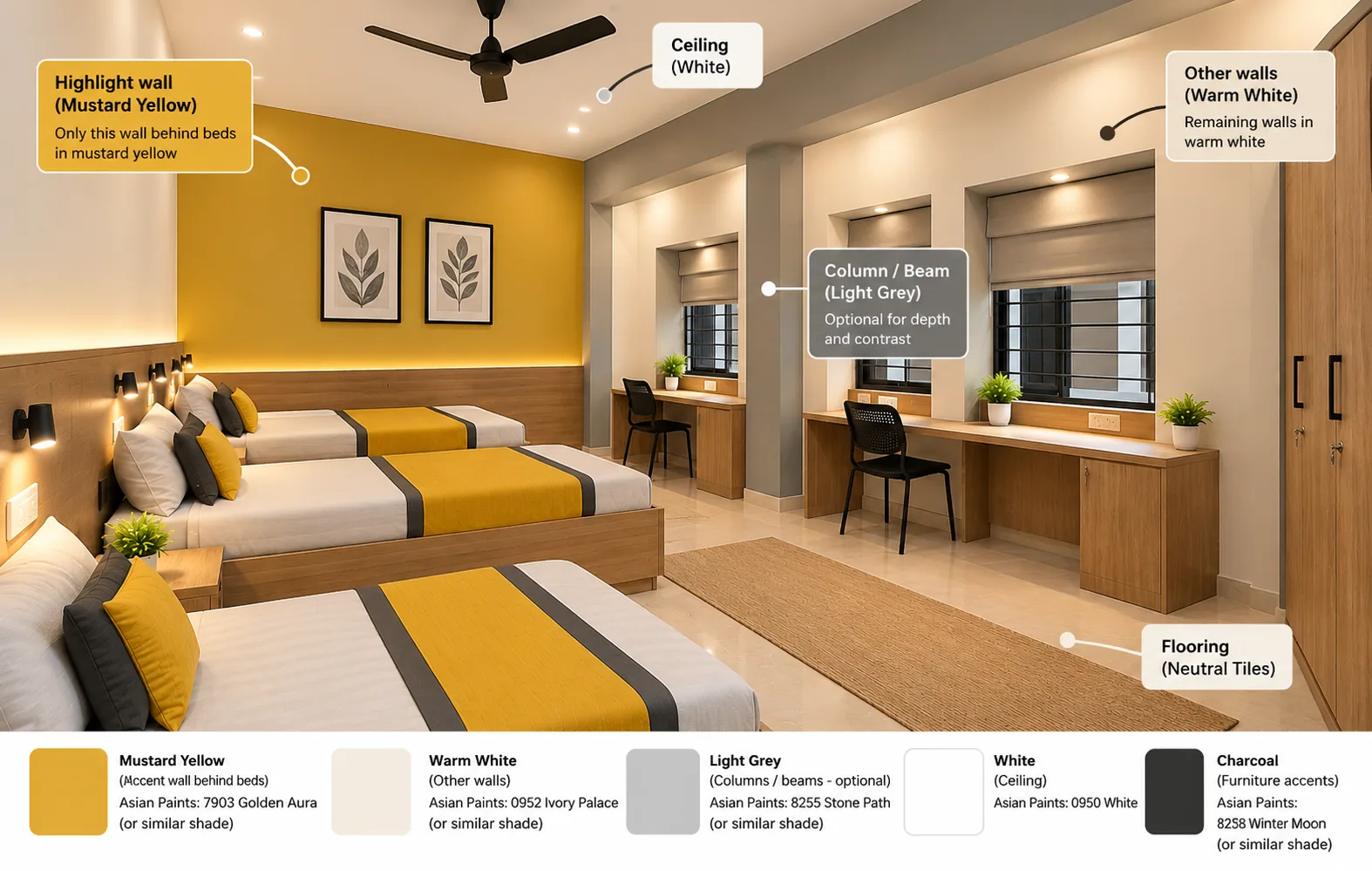 Indicative hostel room interior concept with yellow accents